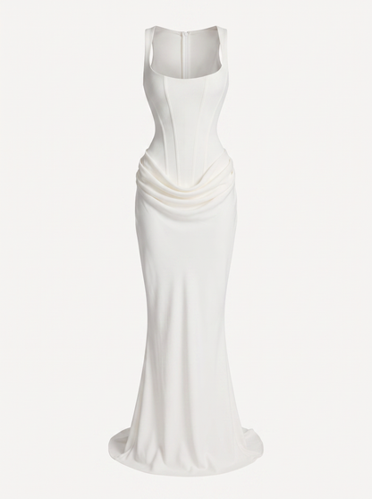 Satin maxi dress with square neck and lace-up back