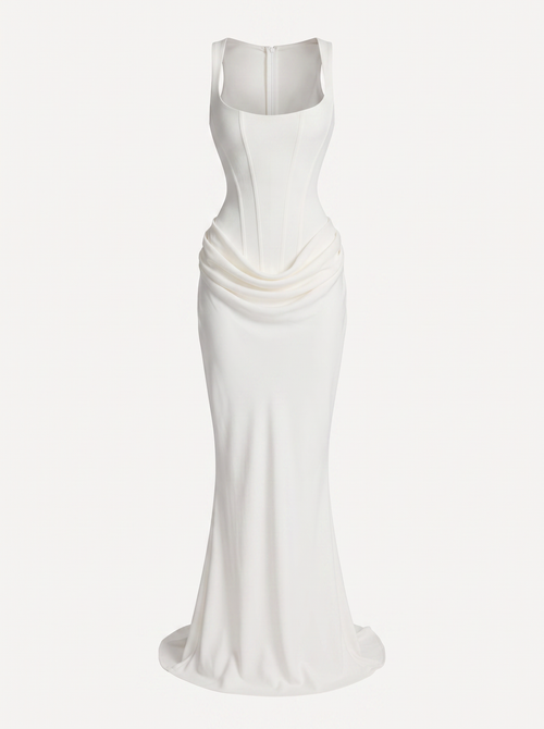 Satin maxi dress with square neck and lace-up back