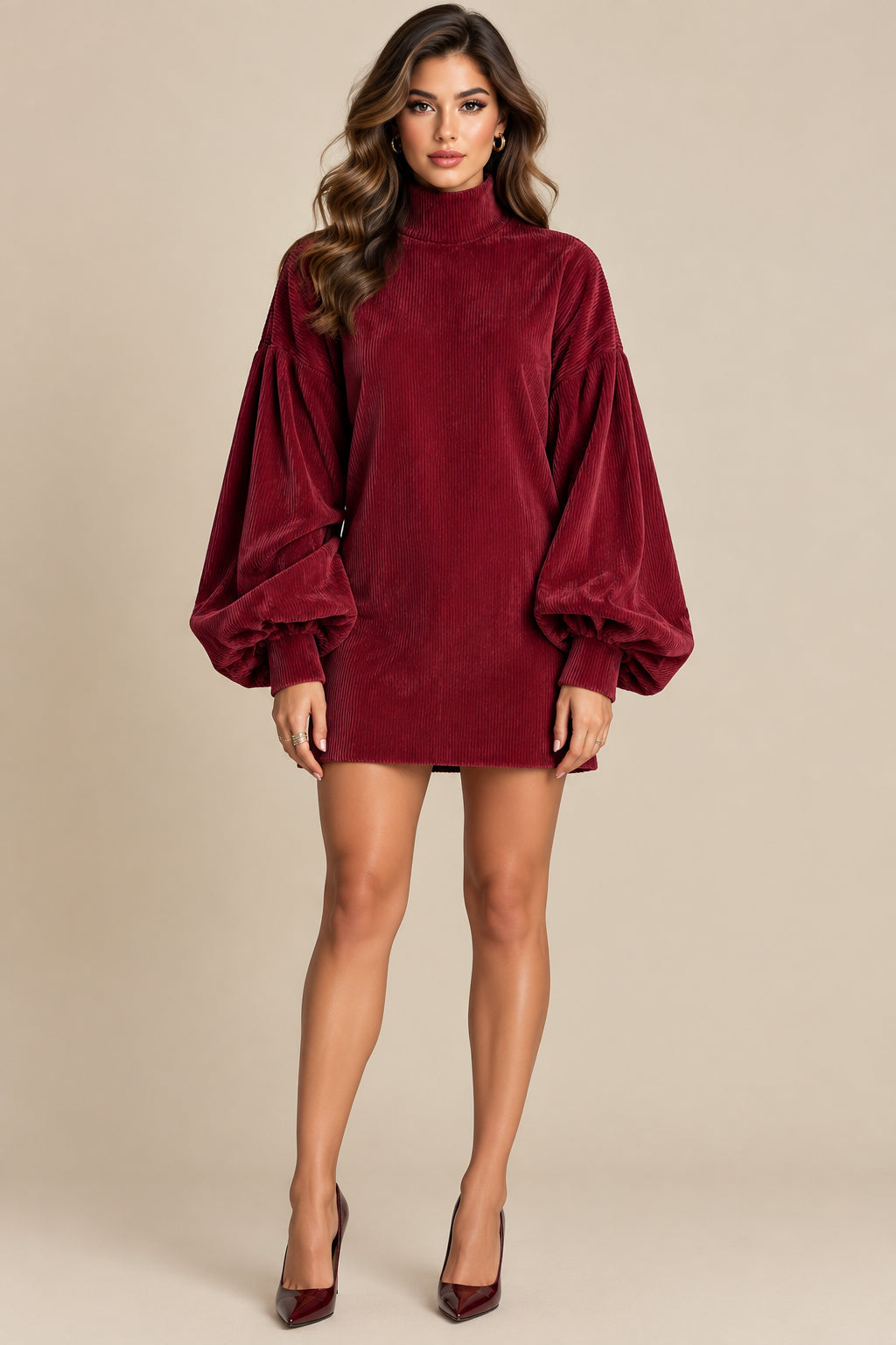 Polyester Mini Dress With Ribbed Turtleneck - 4