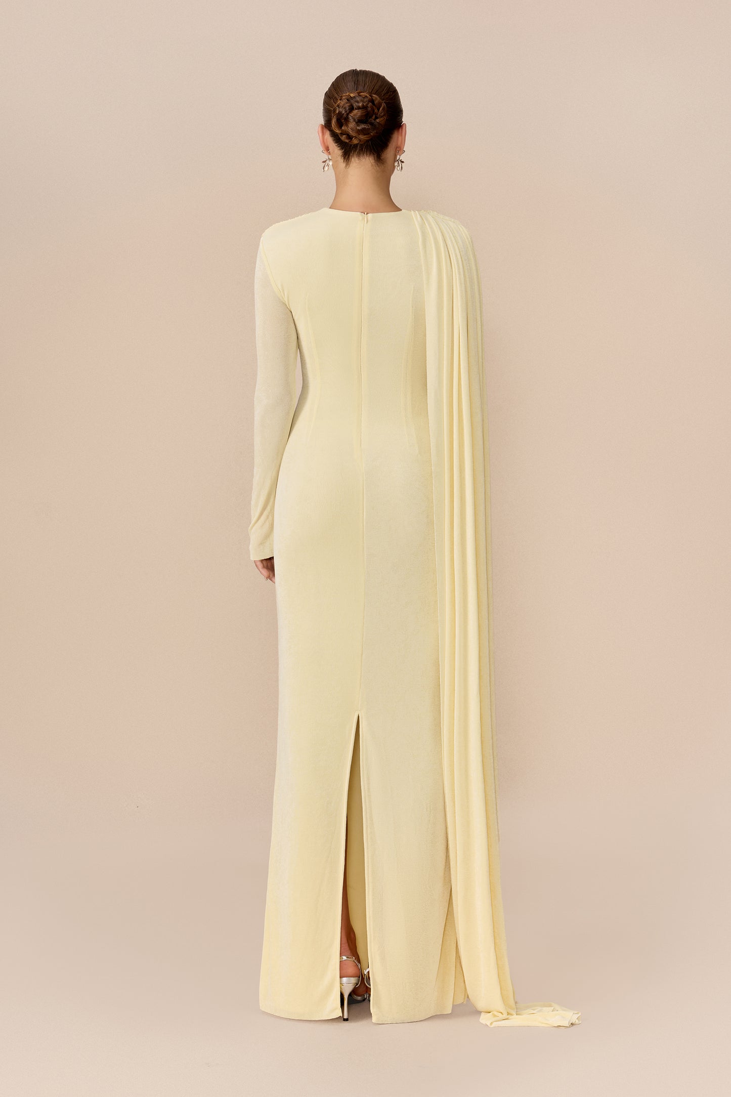 Yellow cape-drape ruched maxi dress with high neck - view 4