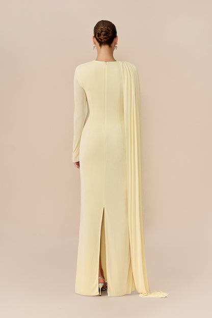 Yellow cape-drape ruched maxi dress with high neck - view 4