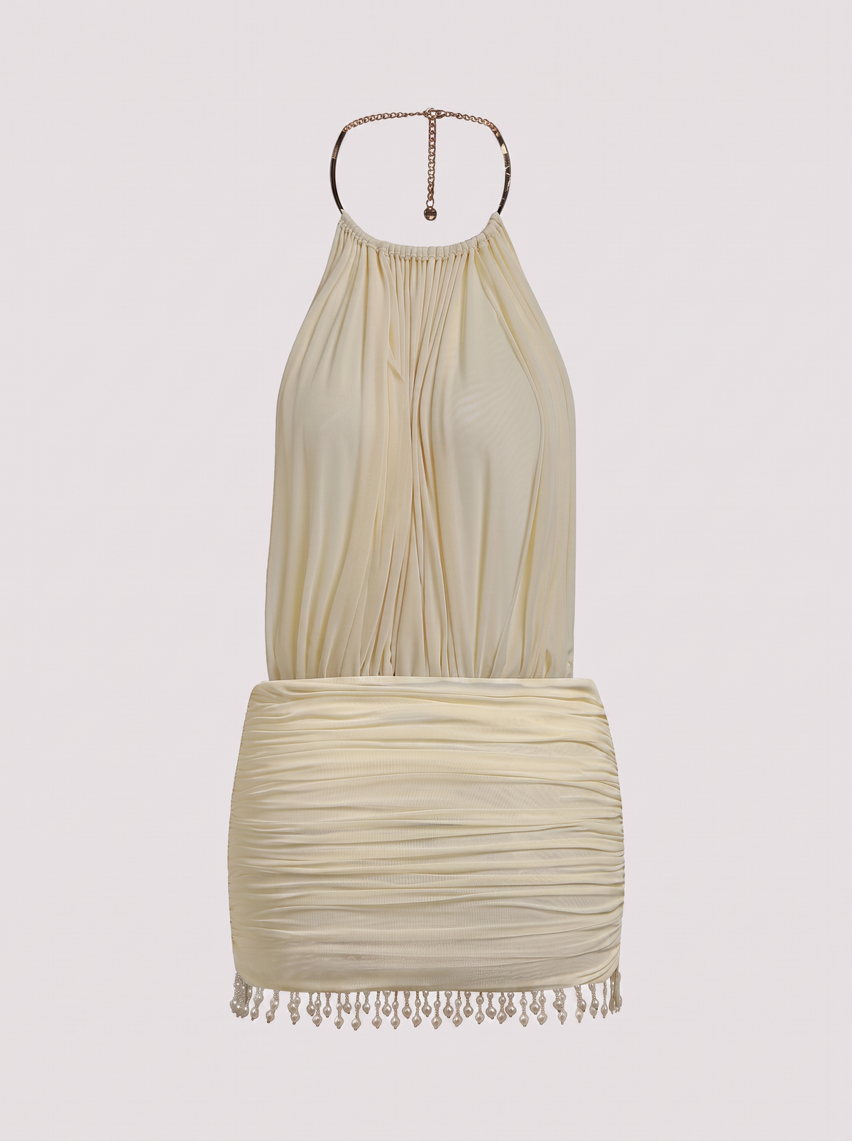 Pearl Trim Mesh Halter Mini Dress