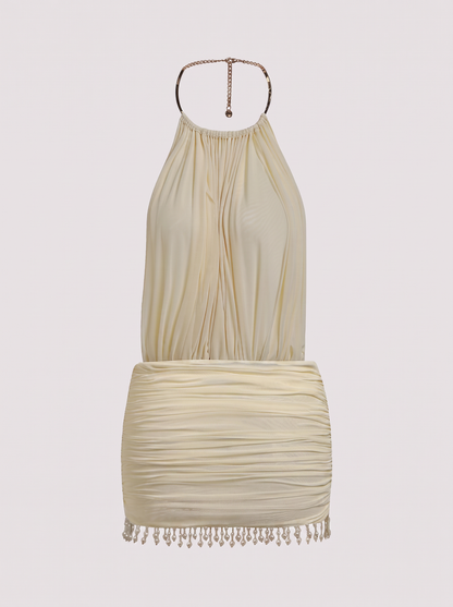 Pearl Trim Mesh Halter Mini Dress