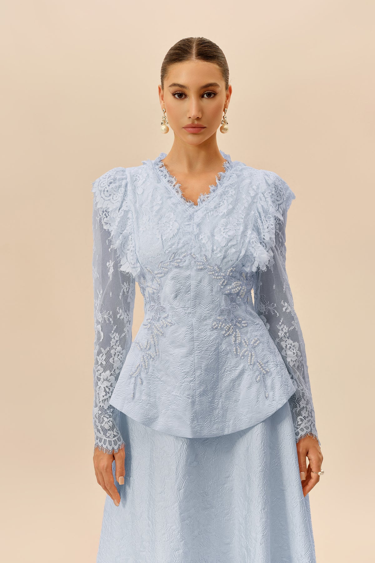 Blue beaded embroidery jacket and skirt set - view 3