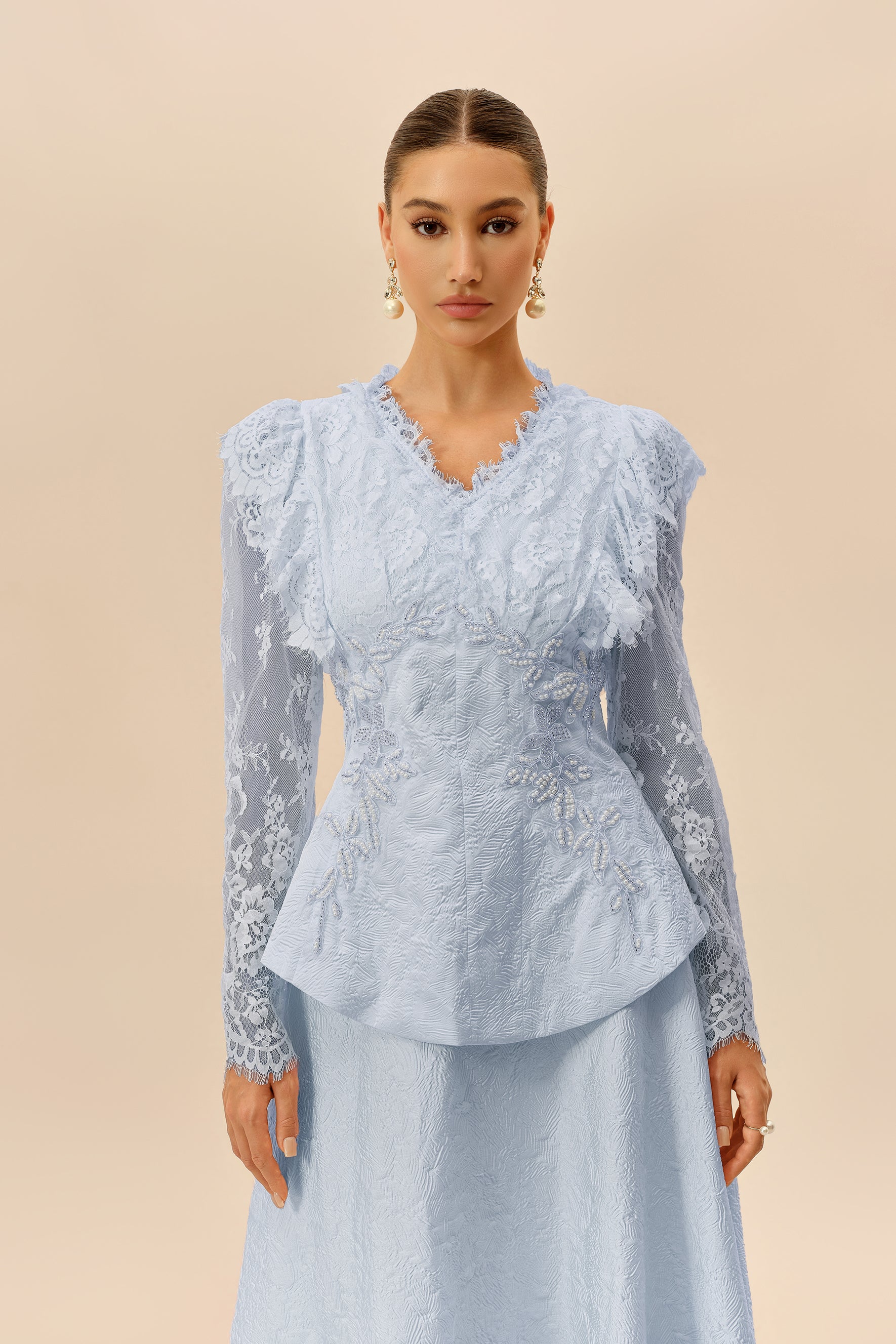 Blue beaded embroidery jacket and skirt set - view 3