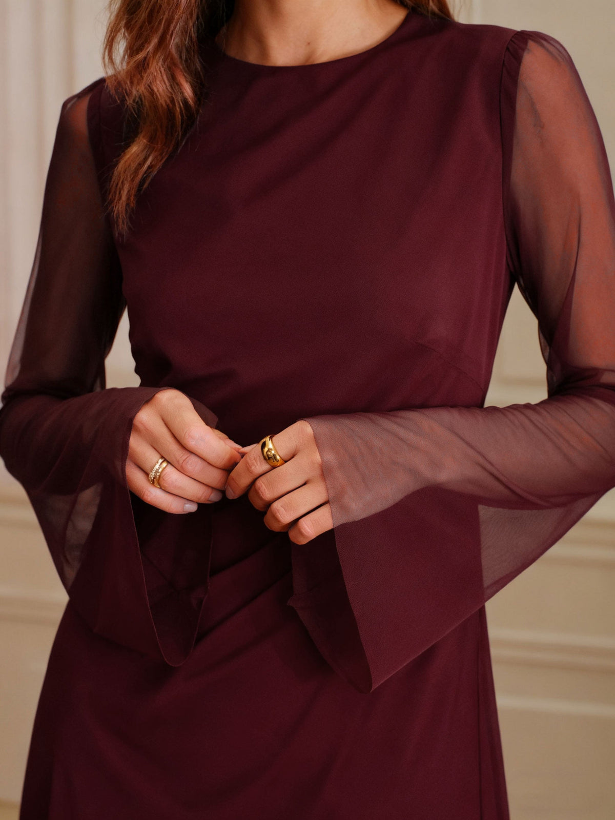 Boat Neck Mesh Mini Dress in Wine Red - view 3