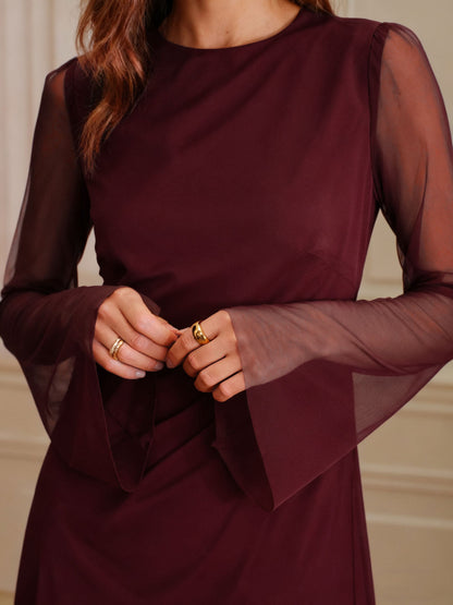 Boat Neck Mesh Mini Dress in Wine Red - view 3