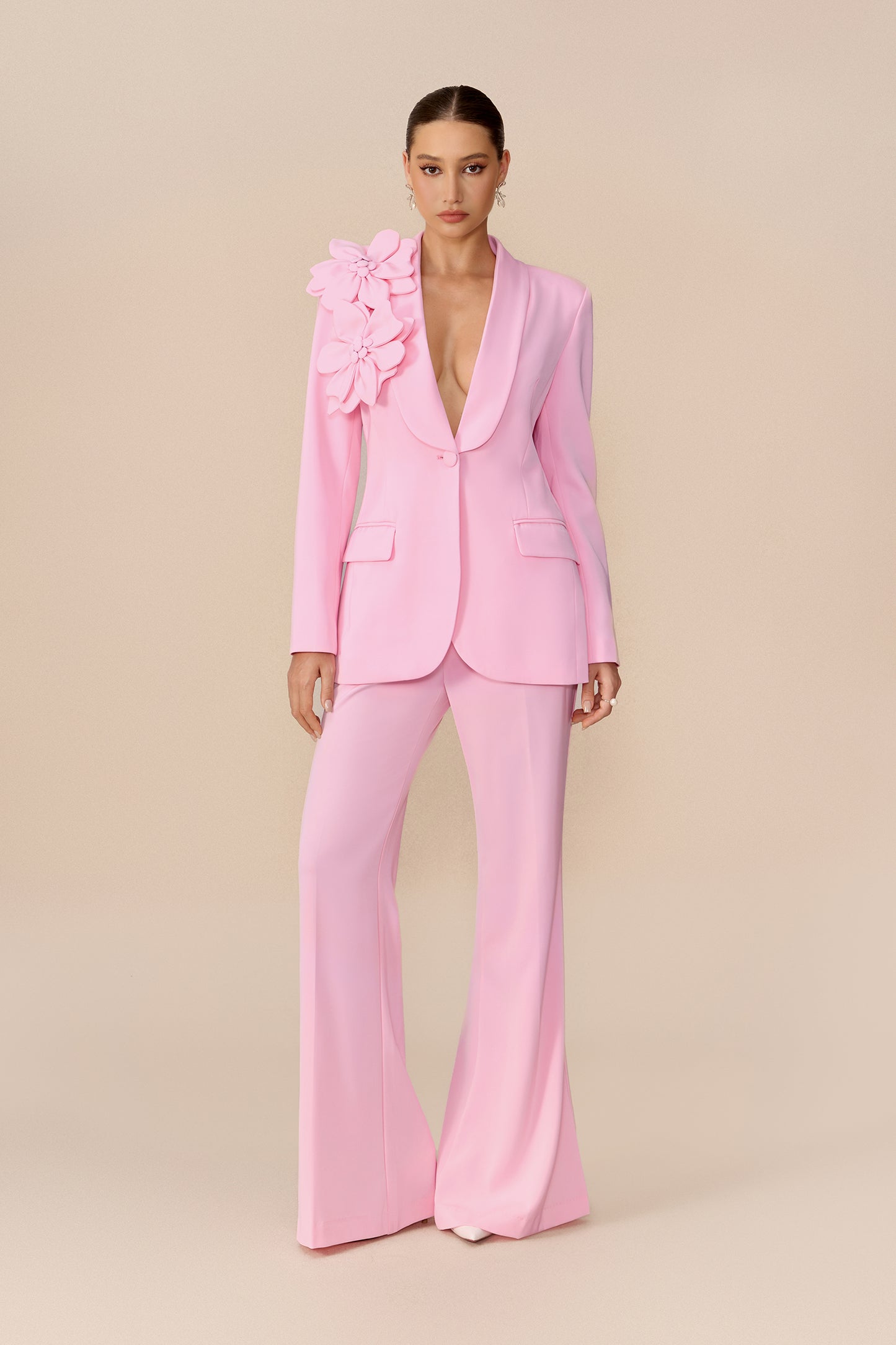 Floral Applique Blazer and Flare Pants Set - view 2