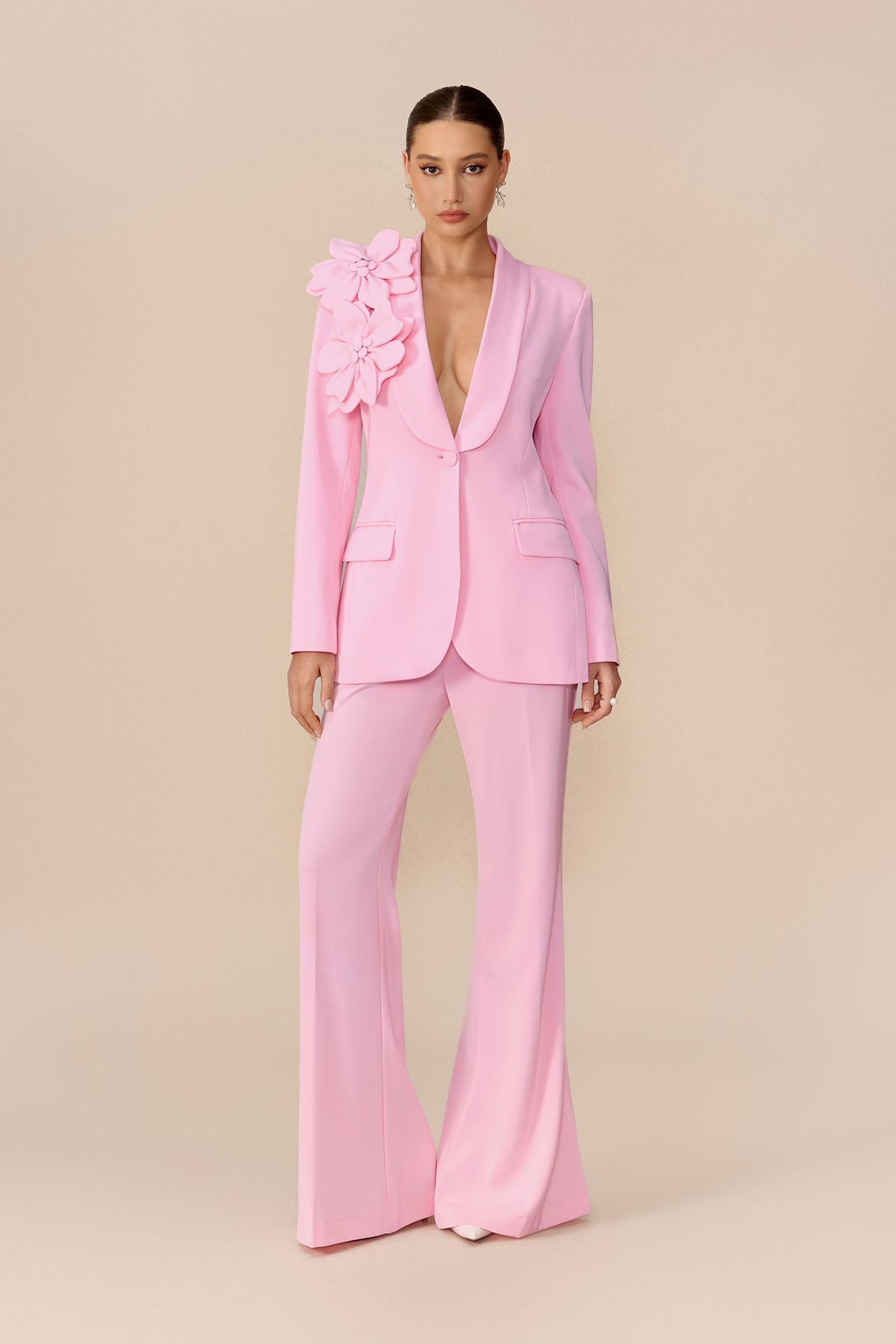 Floral Applique Blazer and Flare Pants Set - view 2