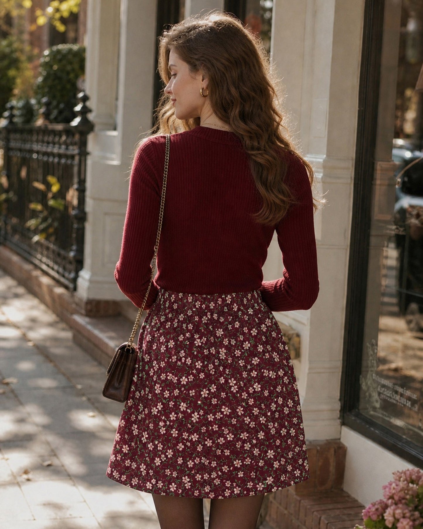 Red Floral A-Line Mini Skirt, Elastic Waist - view 3