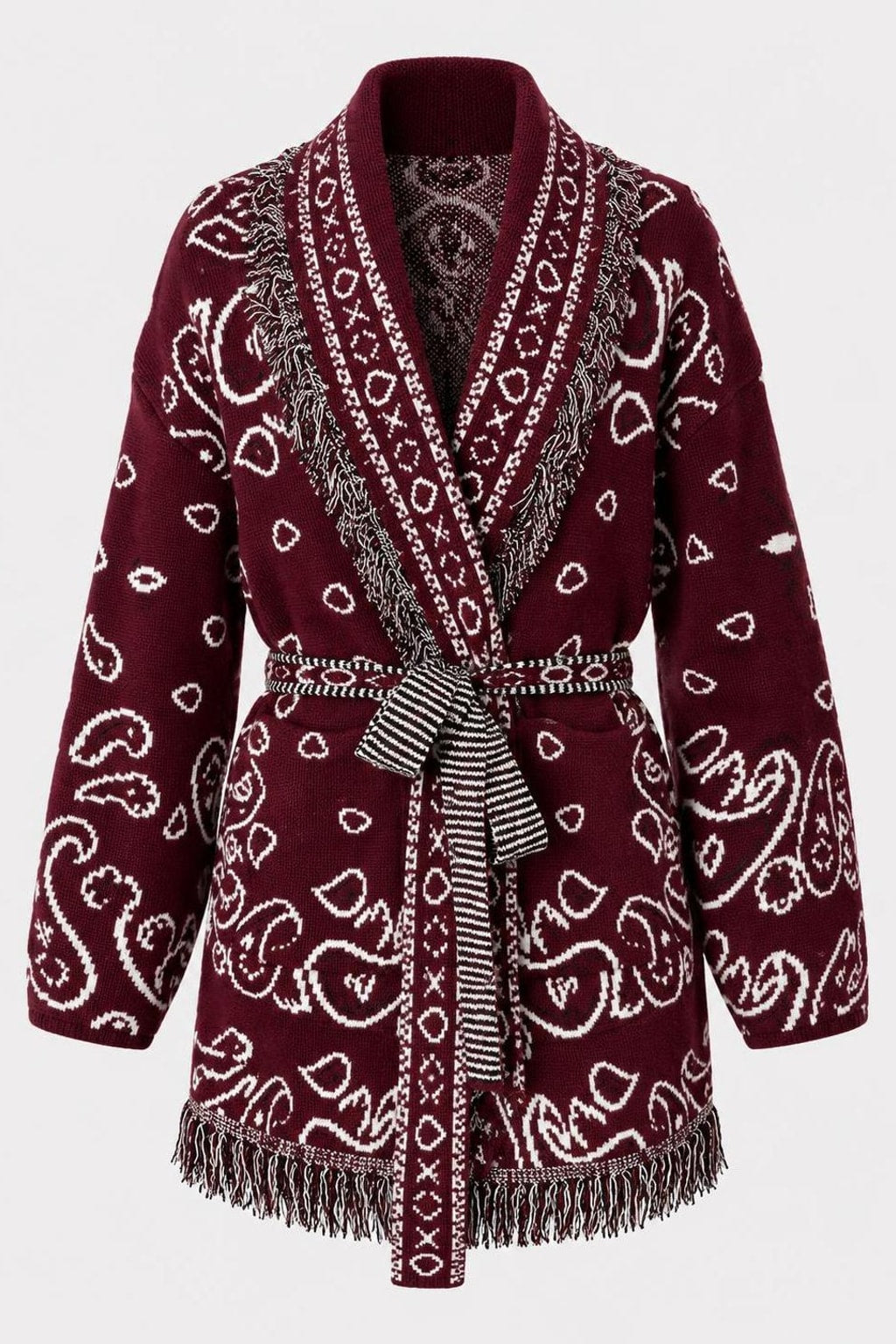 Knit V-Neck Cardigan With Tassel Trim - 1