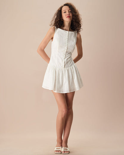 White jacquard cotton mini dress with boat neck - view 2