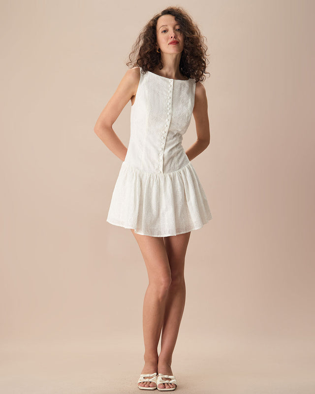 White Jacquard Cotton Mini Dress with Boat Neck A-Line Fit - 2