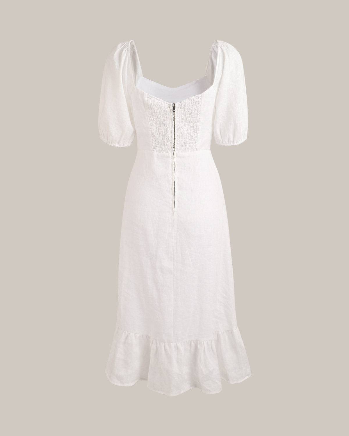 Puff Sleeve Split Hem Cotton Linen Midi Dress - view 5