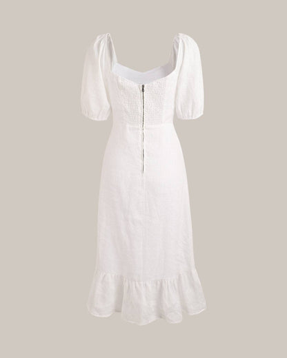Puff Sleeve Split Hem Cotton Linen Midi Dress - view 5
