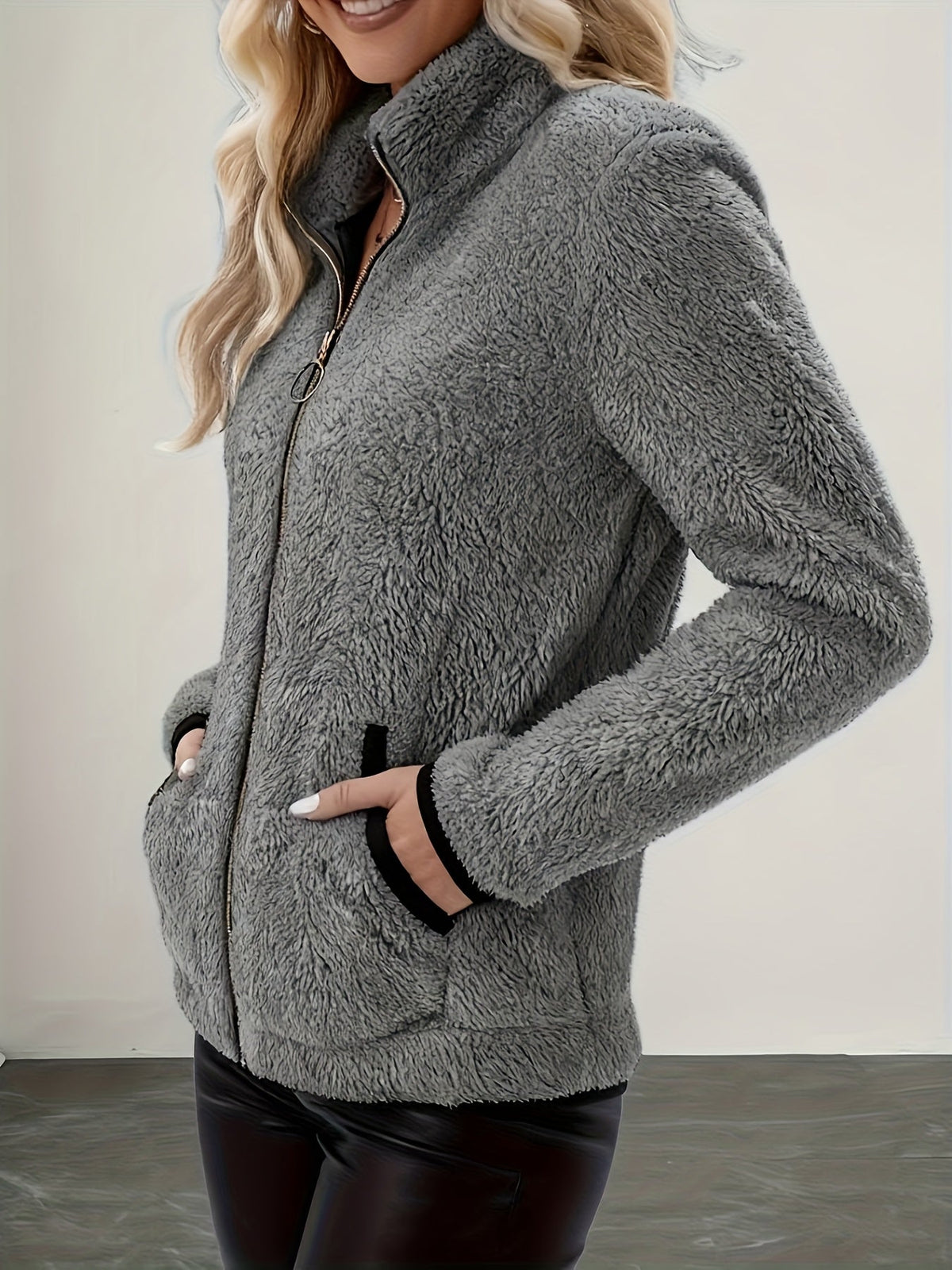 Plush Fleece Zip-Up Jacket With Contrast Trim - view 7