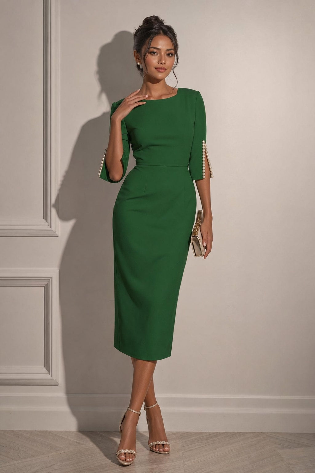 Pearl-Embellished Sheath Midi Dress With Crew Neck - 11