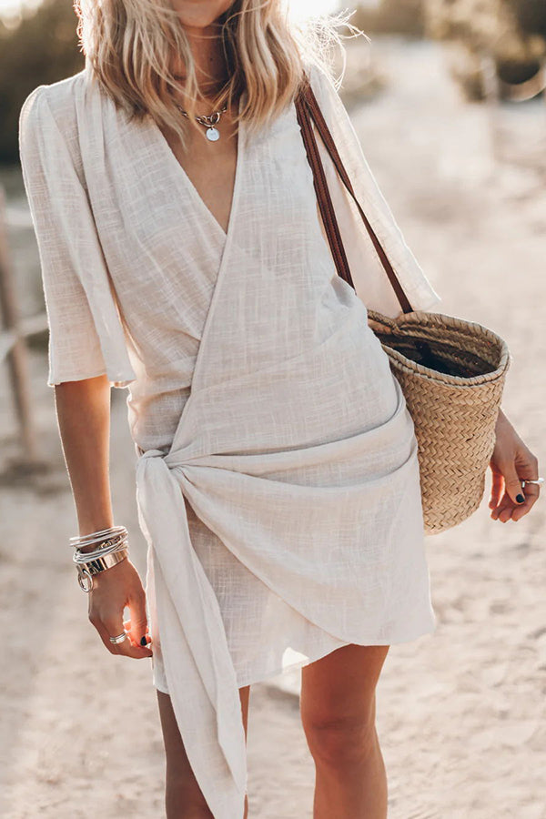 Cotton Linen Knotted Wrap Mini Dress - view 2