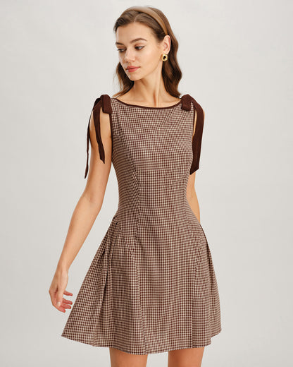 Brown Gingham Tie-Strap Mini Dress - view 4