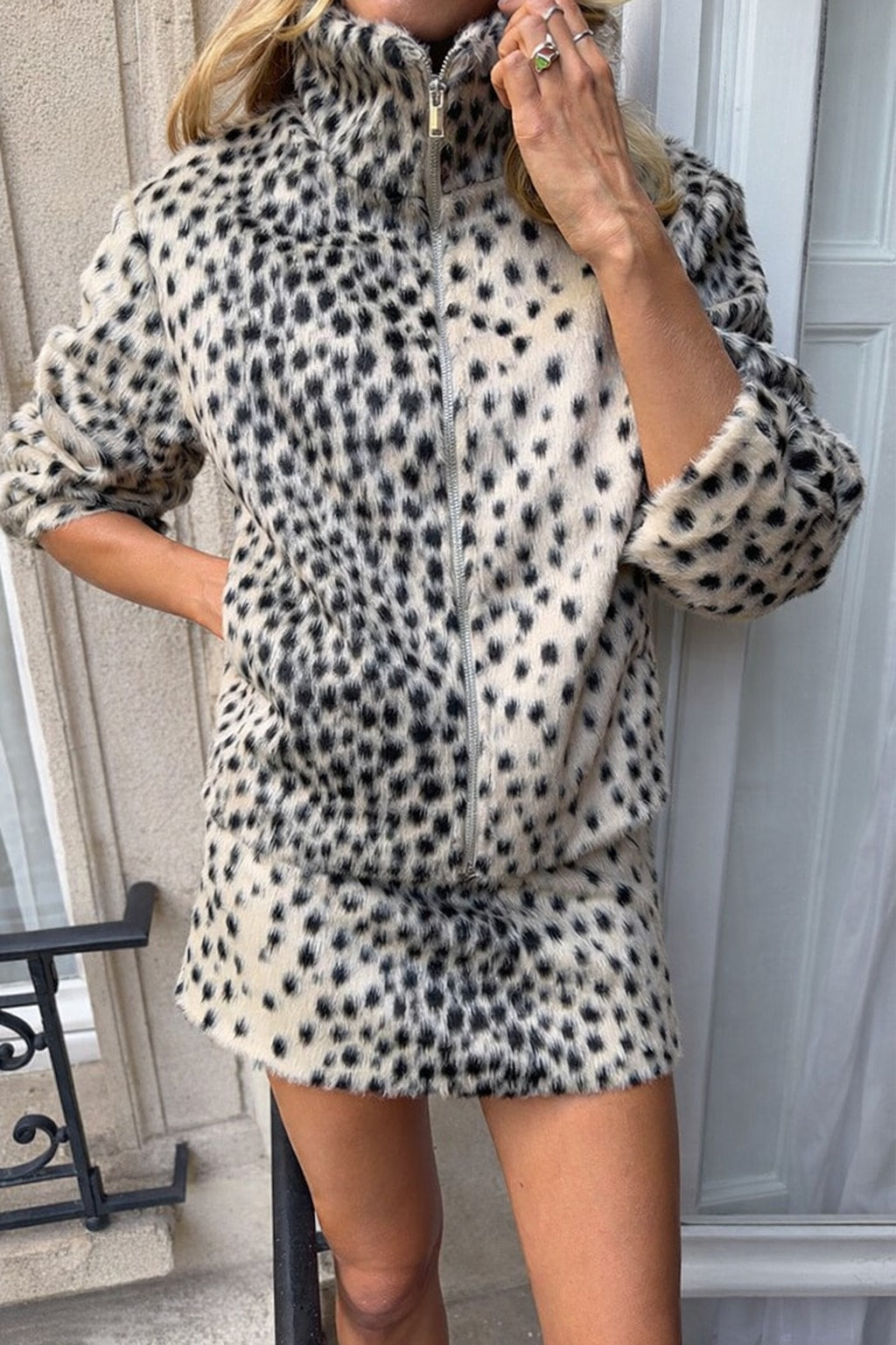 Faux Fur Leopard Print Jacket Cropped Stand Collar - 5