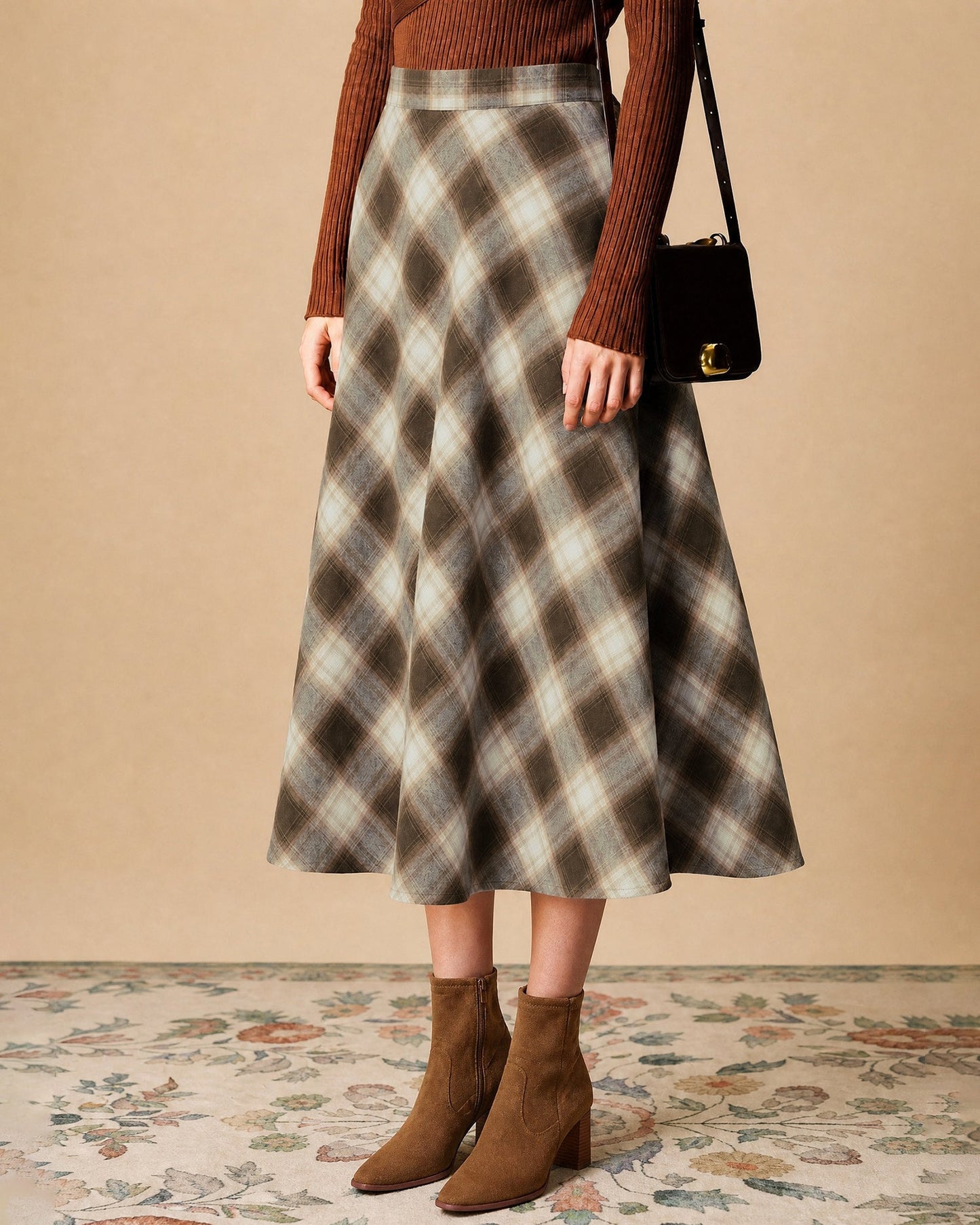 Brown Plaid Cotton Midi Skirt, Elastic Waist - view 3