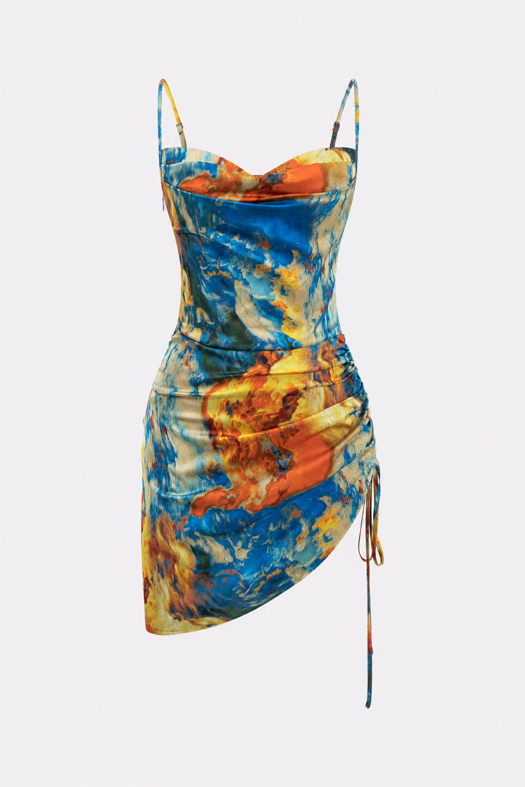 Satin slip mini dress with ruched drawstring waist - view 7