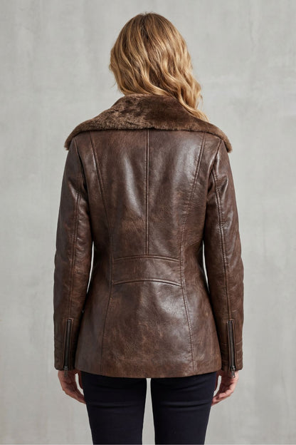 Brown Faux Leather Jacket with Shearling Collar - view 5