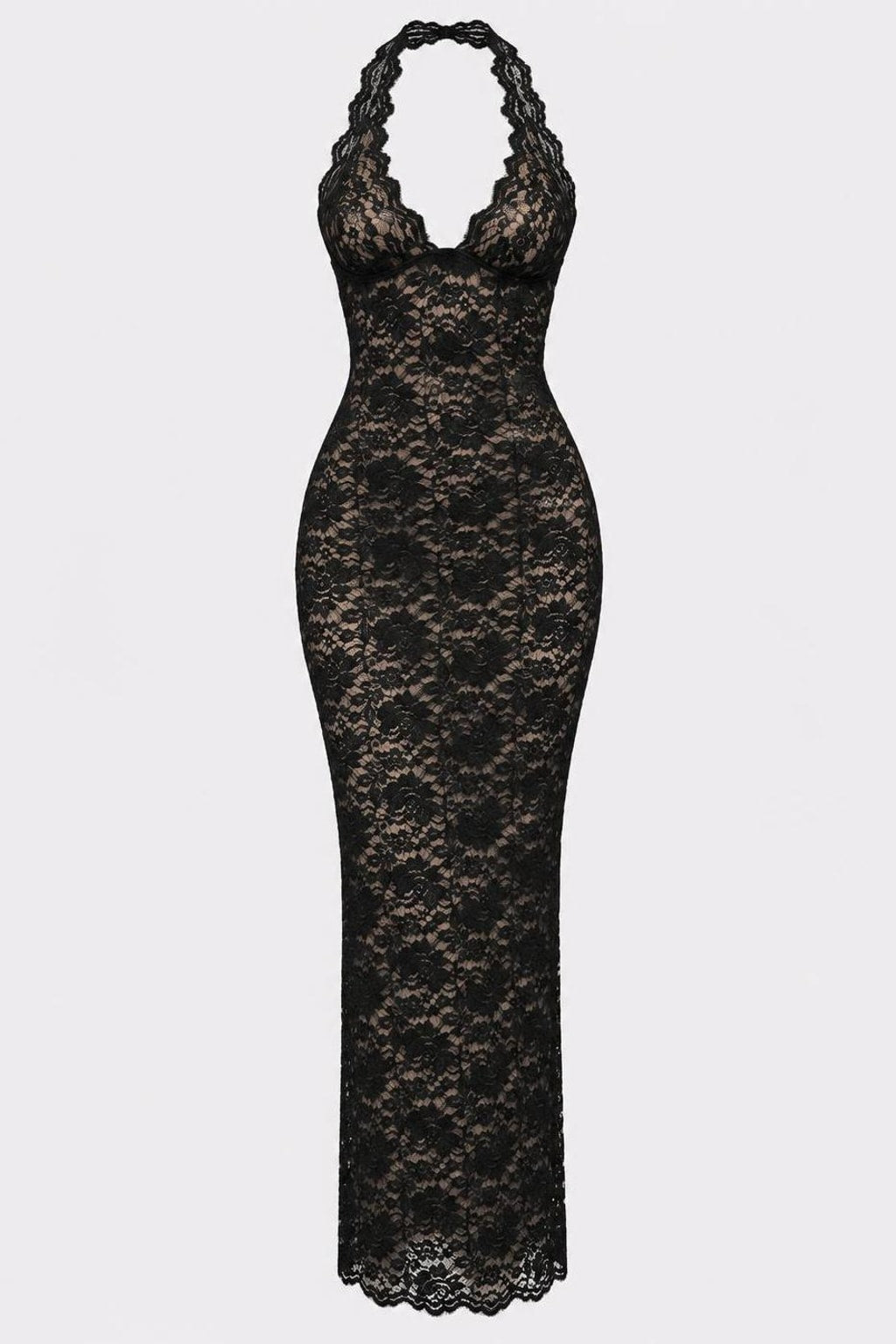 Black Lace Halter Maxi Dress With Bodycon Fit - 1
