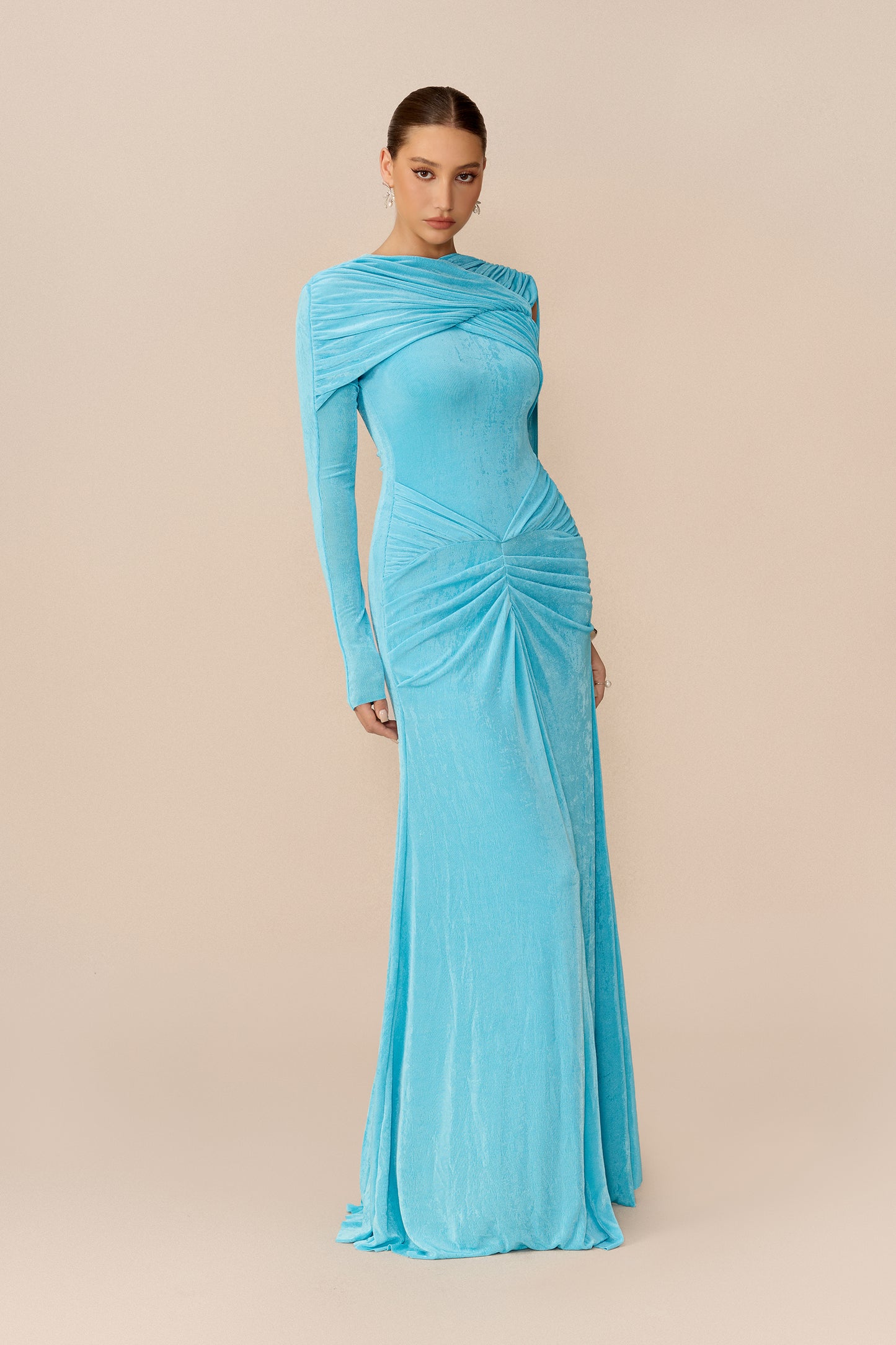 Blue one-sleeve cape maxi dress with draped neckline - view 5