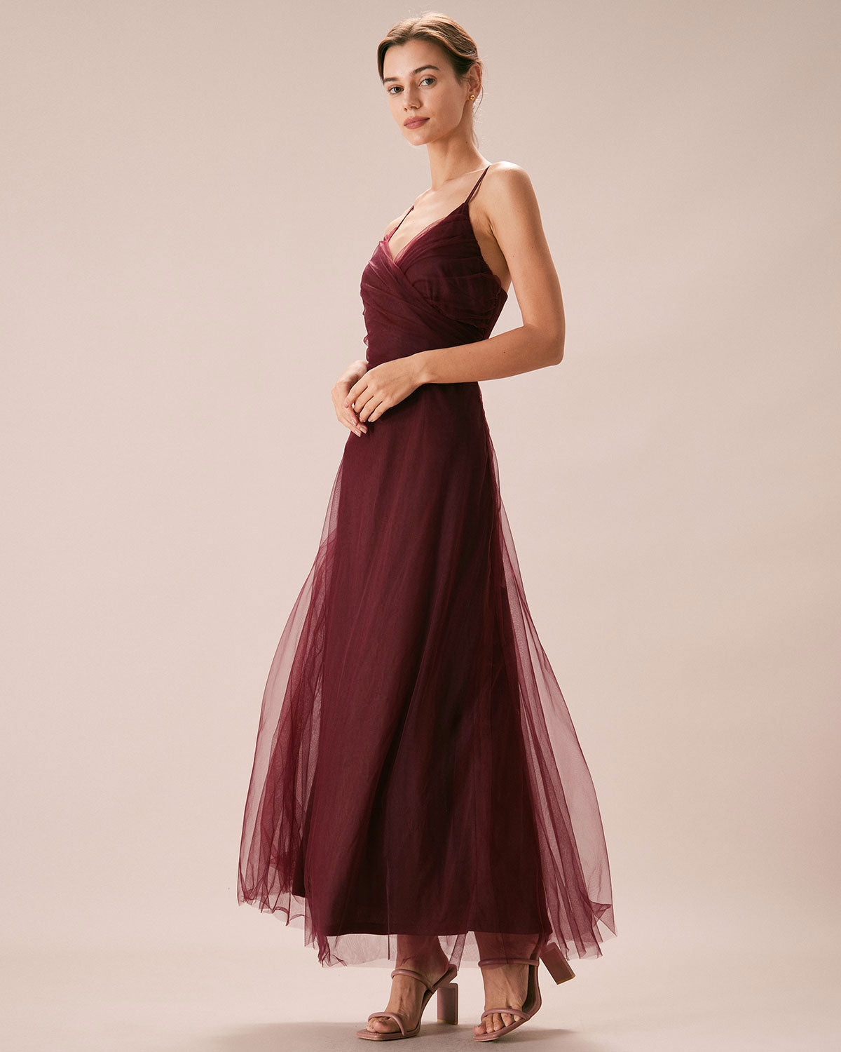 Wine red V-neck mesh maxi dress - view 5