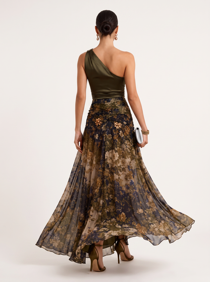 Satin one-shoulder maxi dress with floral tulle hem - view 4