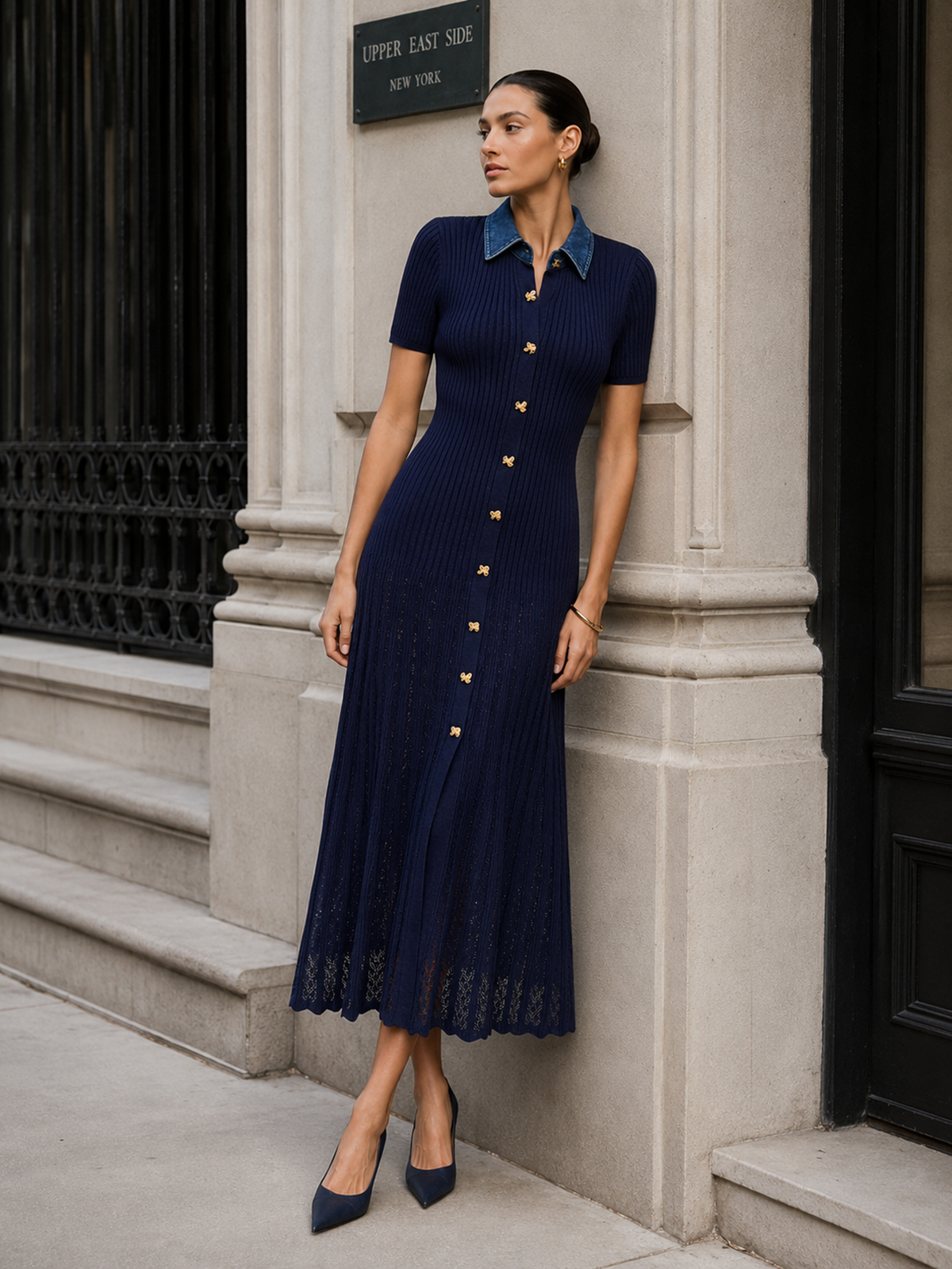 Ribbed knit maxi dress with denim collar - view 5