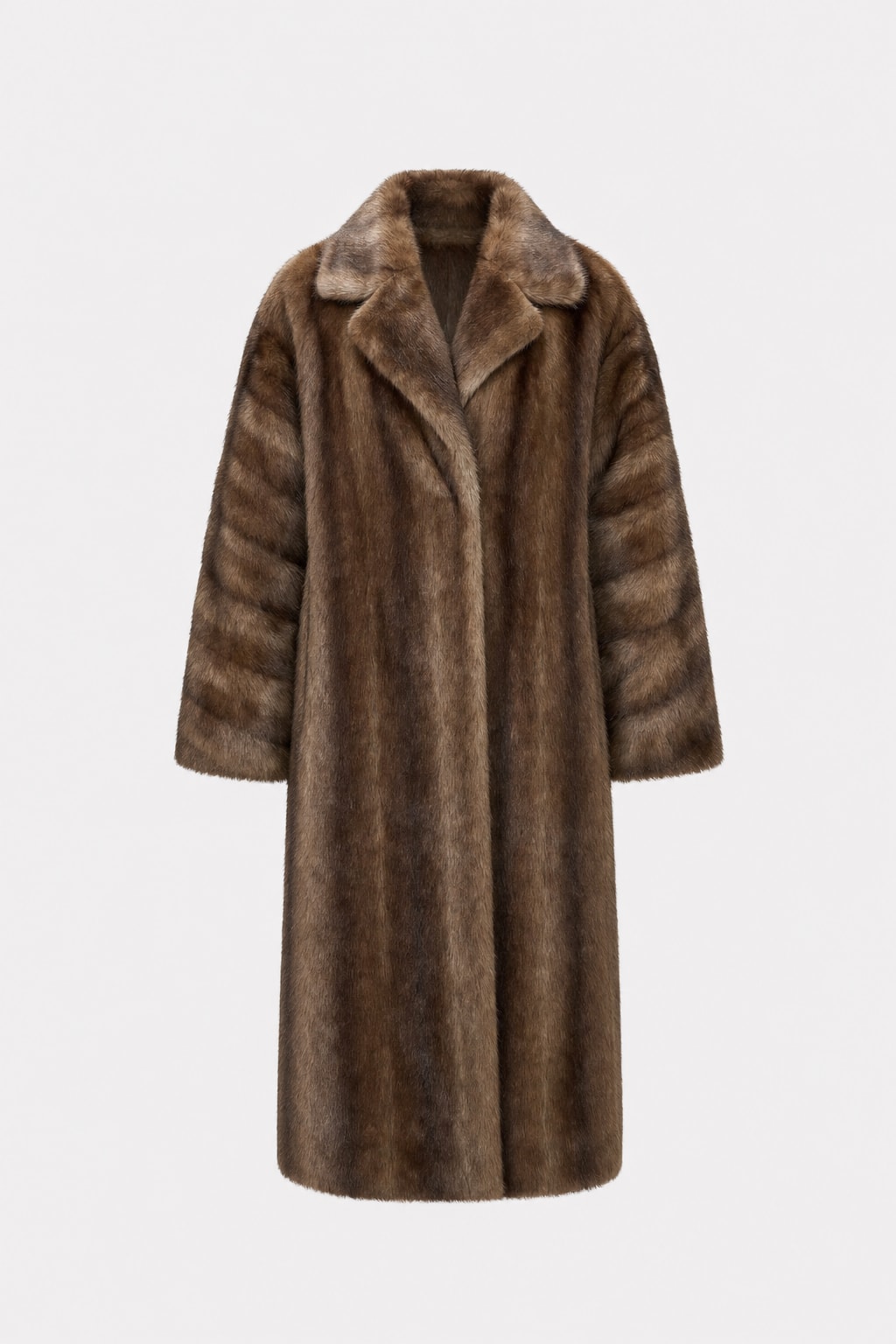 Warm Brown Faux Fur Long Coat with Shawl Collar - 1