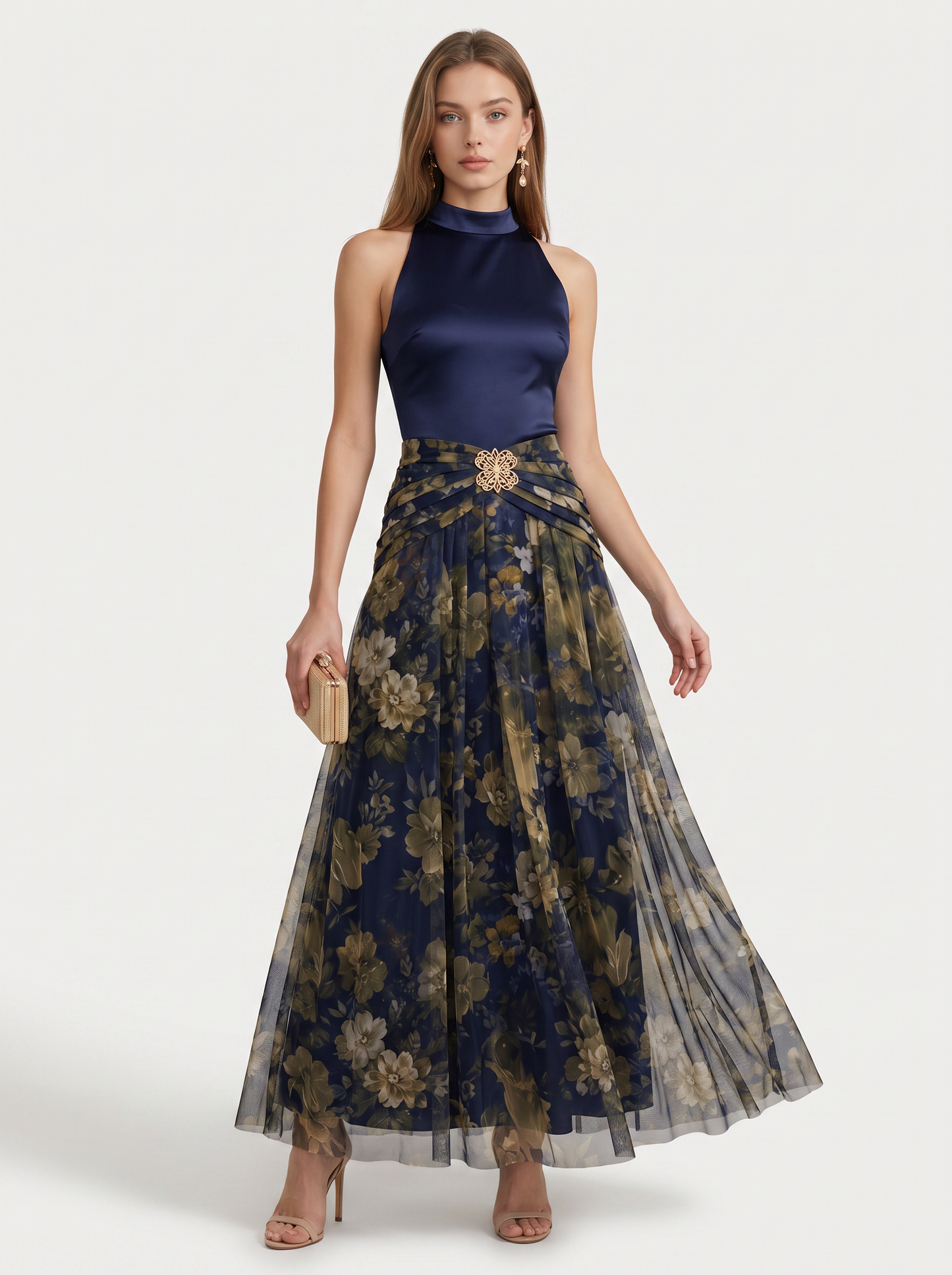 Navy Satin Maxi Dress With Tulle Hem - view 4