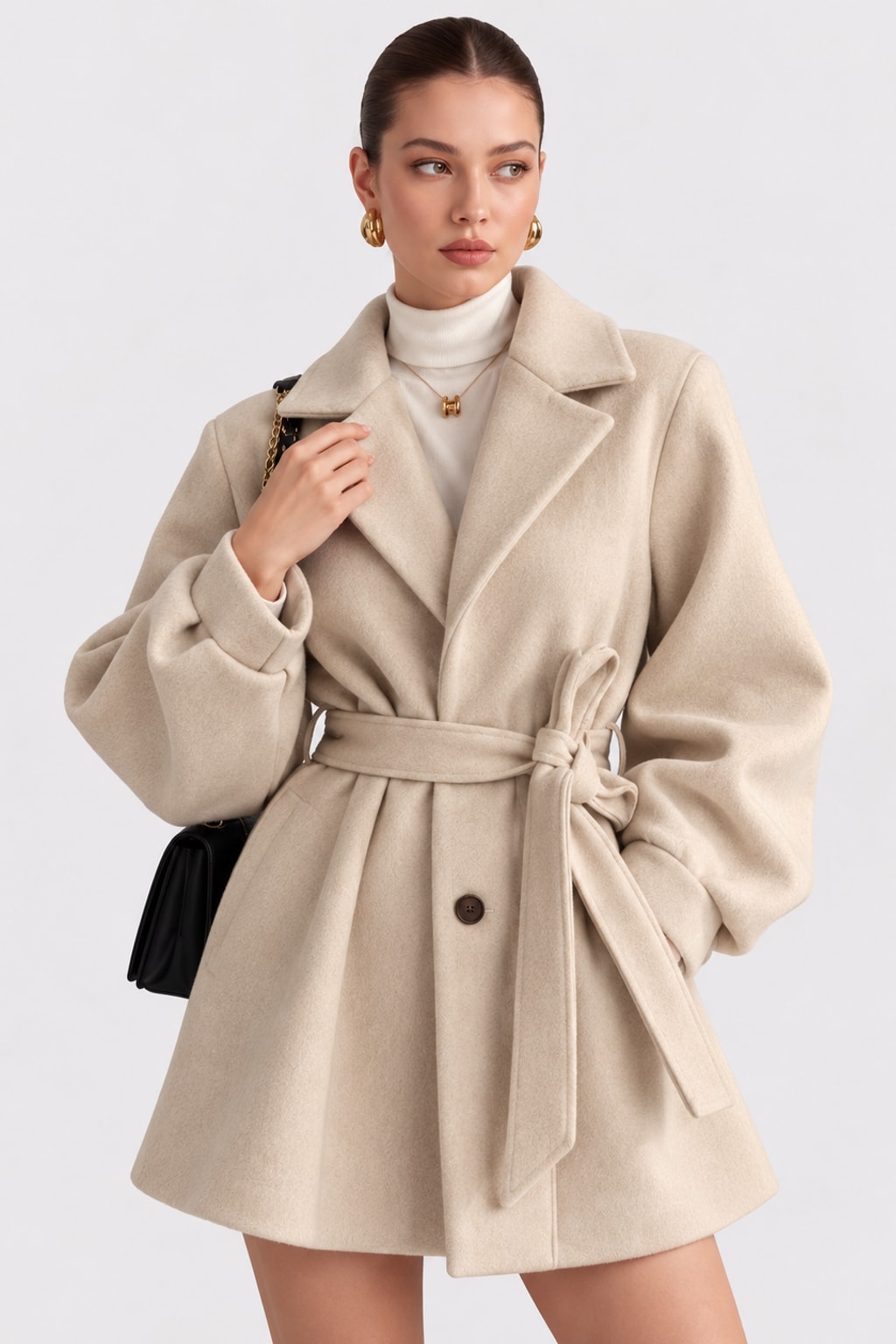 Wool-Look Coat Belted A-Line Tailored Outerwear - 1