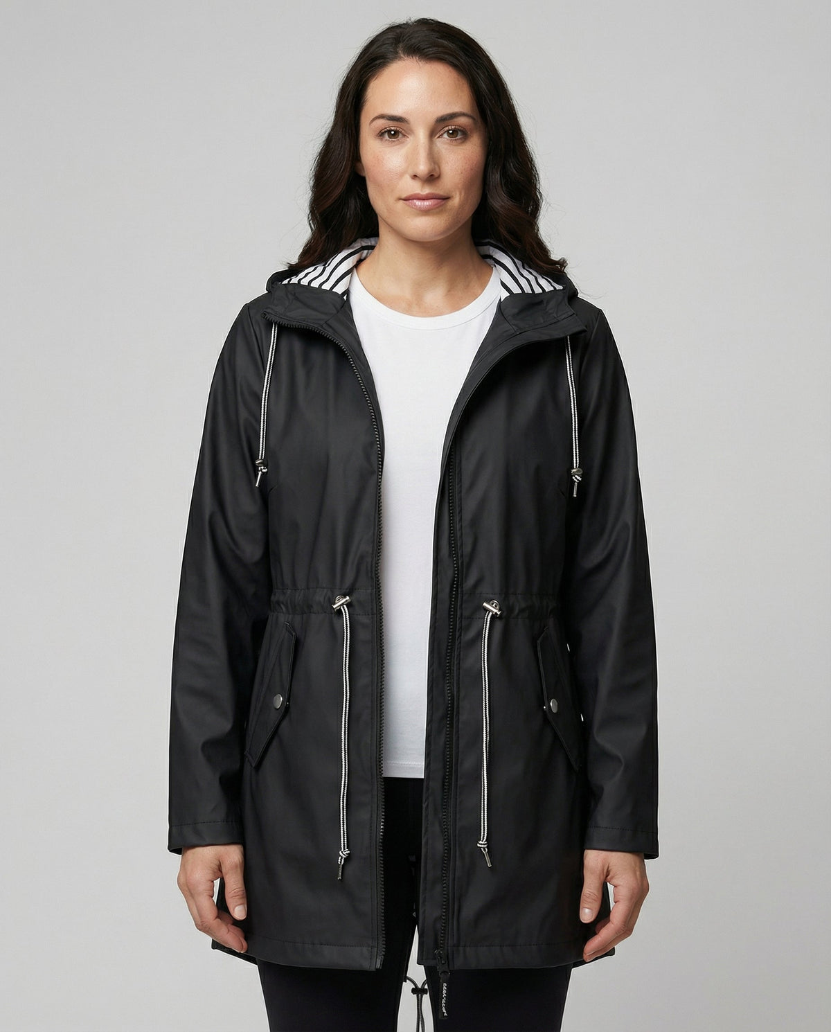 Water repellent hooded rain jacket with drawstring waist - view 2