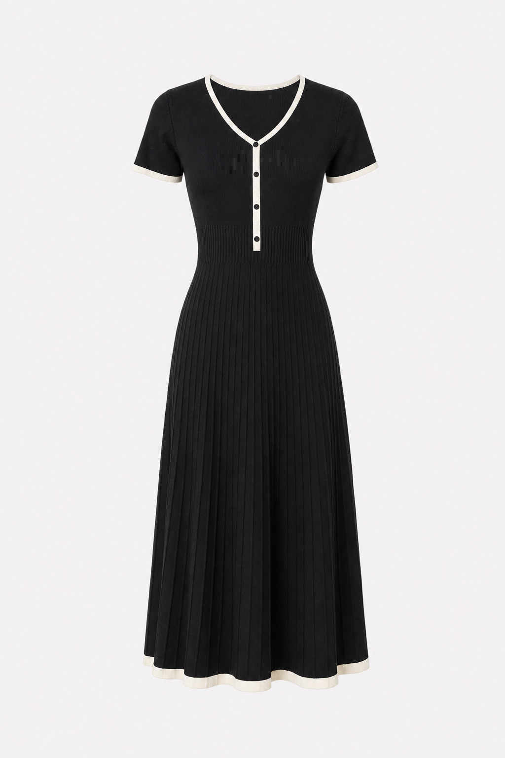 Black Contrast Knit Midi Dress, A-Line