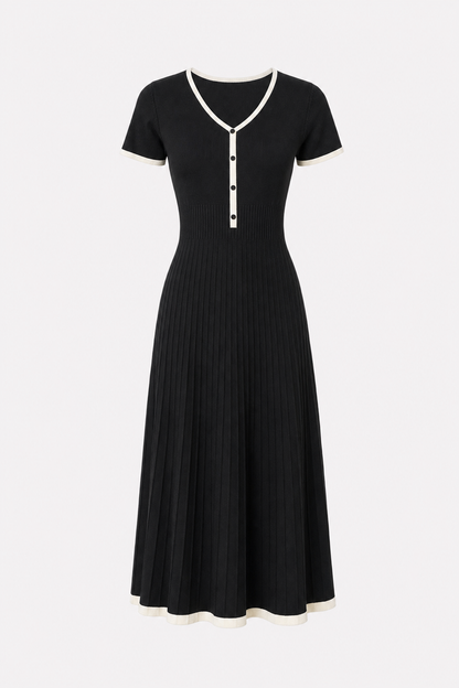 Black Contrast Knit Midi Dress, A-Line