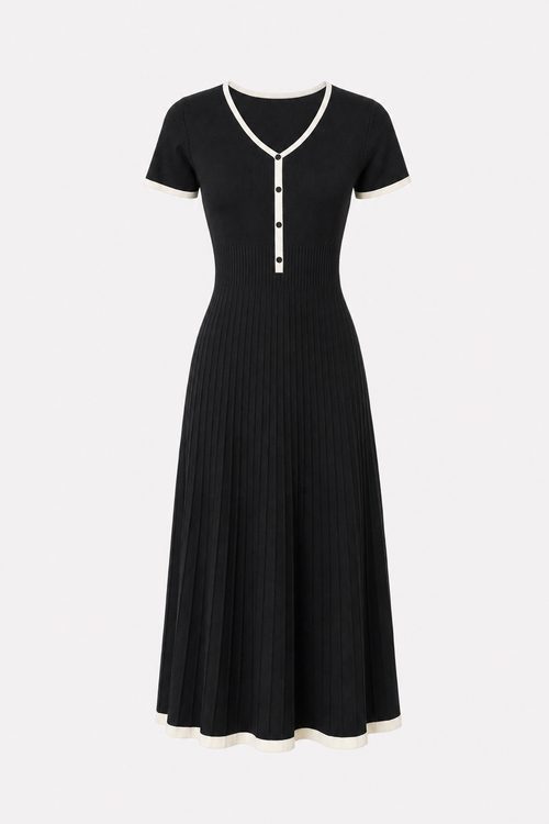Black Contrast Knit Midi Dress, A-Line