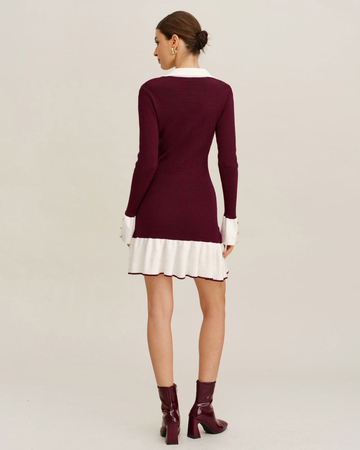 Wine red ribbed sweater dress with contrast trim - view 4