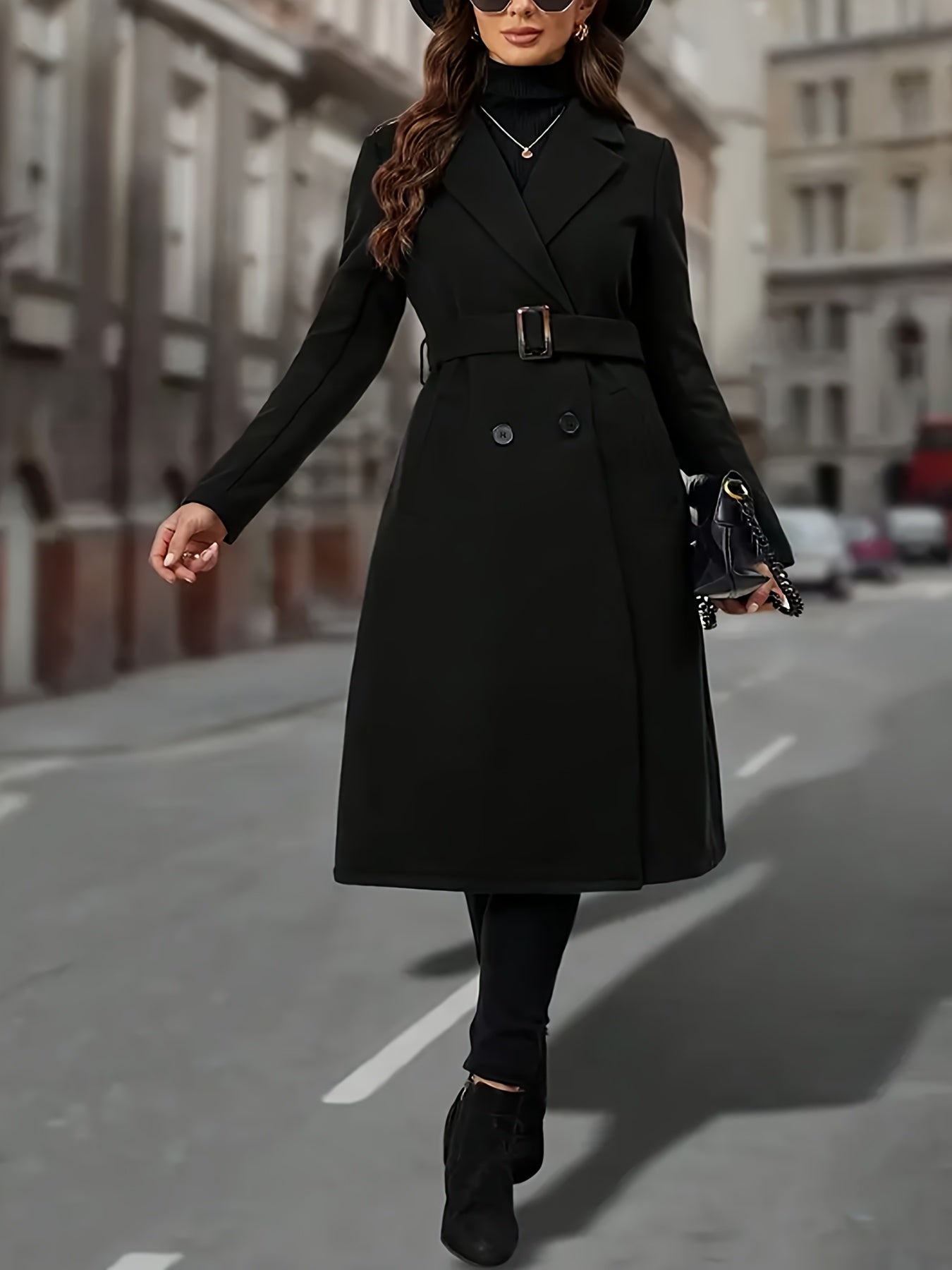 Black double-breasted long coat - view 6