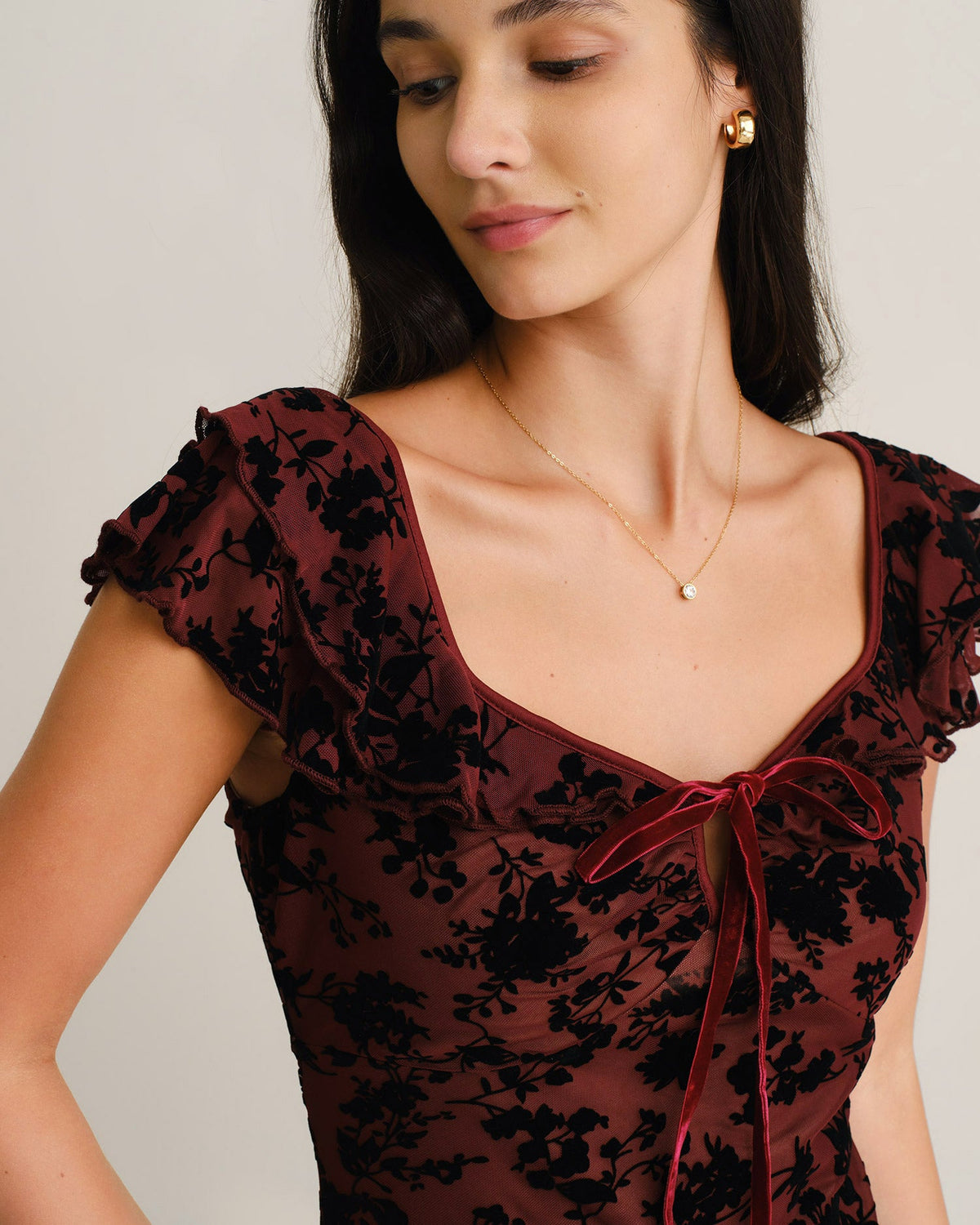Wine Red Floral Ruffle Mermaid Midi Dress - view 3