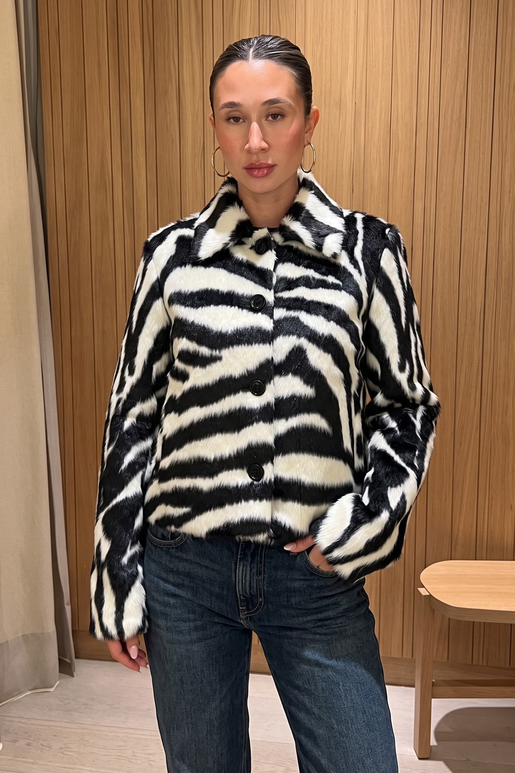 Synthetic Fiber Cropped Jacket With Zebra Print And Lapel Collar - 3
