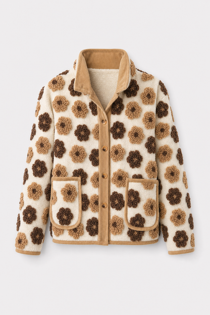 Light yellow sherpa fleece coat with corduroy trim