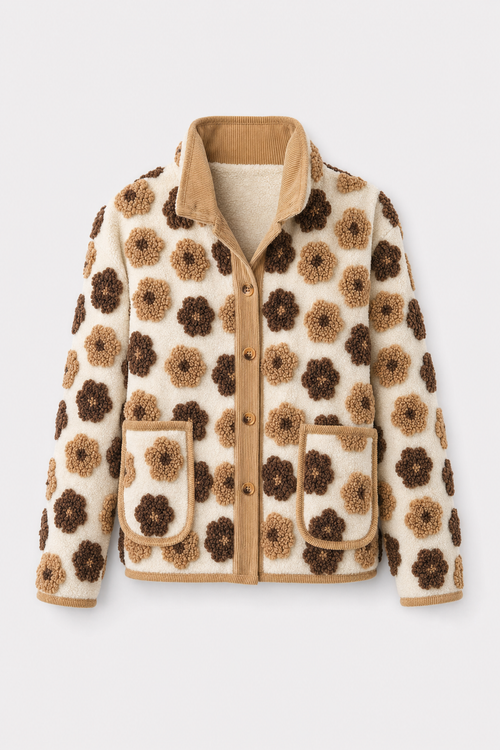 Light yellow sherpa fleece coat with corduroy trim