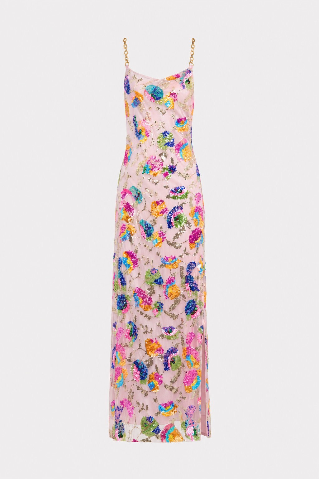 Pink sequin backless maxi dress with shoulder chain