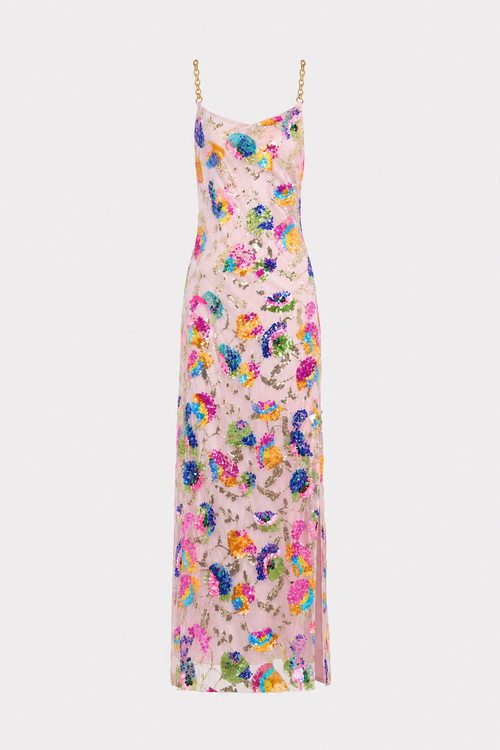 Pink sequin backless maxi dress with shoulder chain