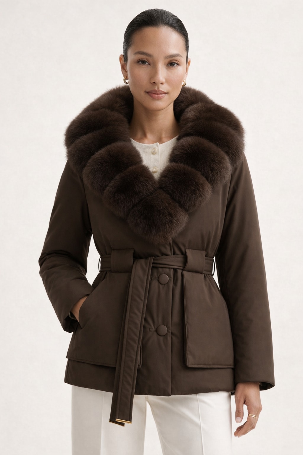Down Jacket With Fox Fur Collar And Belt - 9
