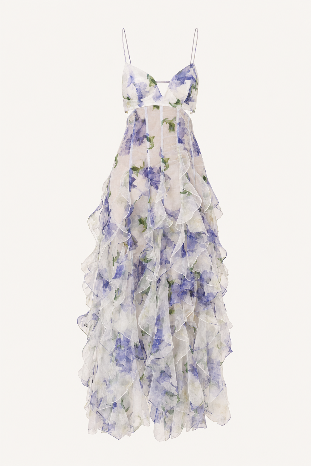 Blue Floral Tiered Ruffle Chiffon Maxi Dress