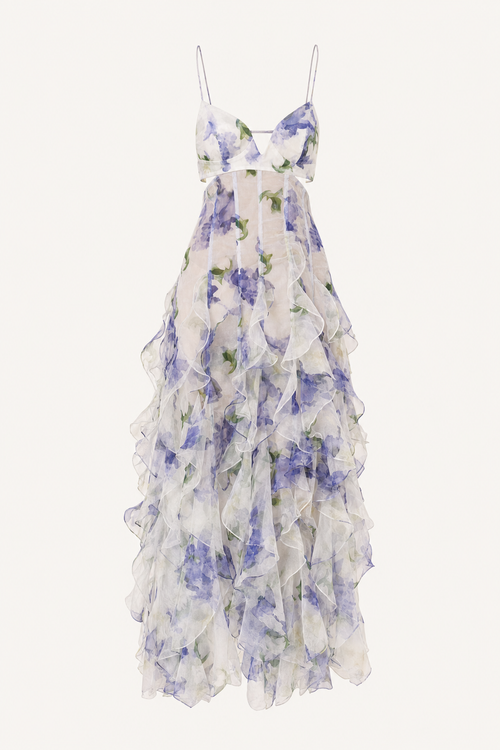 Blue Floral Tiered Ruffle Chiffon Maxi Dress